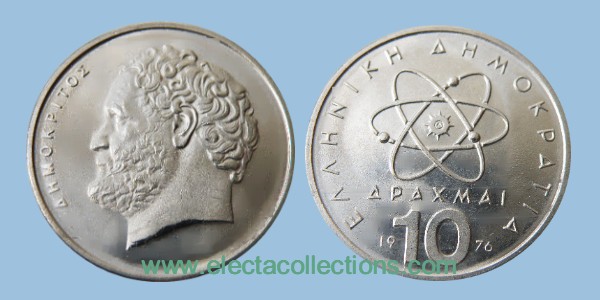 Grece - 10 drachmas coin UNC, Democritus, 1976